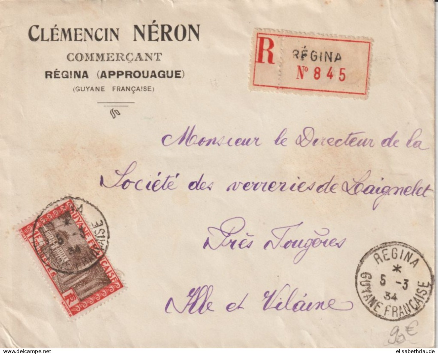 1934 - GUYANE - YVERT N° 127A SEUL SUR LETTRE ! RECOMMANDEE De REGINA (RARE !!) => FOUGERES (ILLE ET VILAINE) - Cartas & Documentos