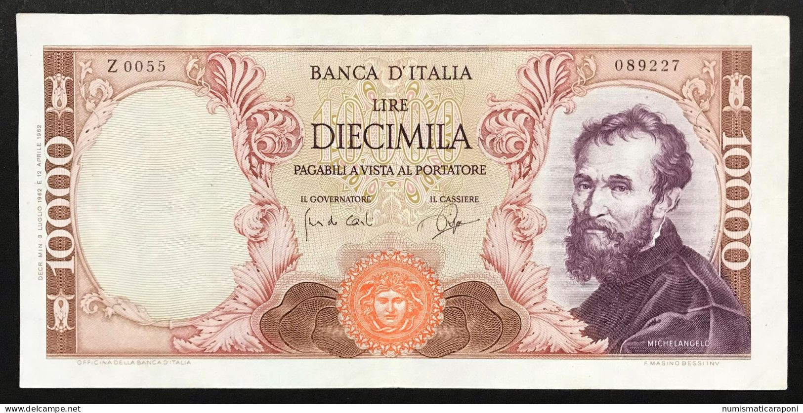 10000 LIRE MICHELANGELO 03 07 1962 Bb+ Pressata LOTTO 378 - 10000 Liras