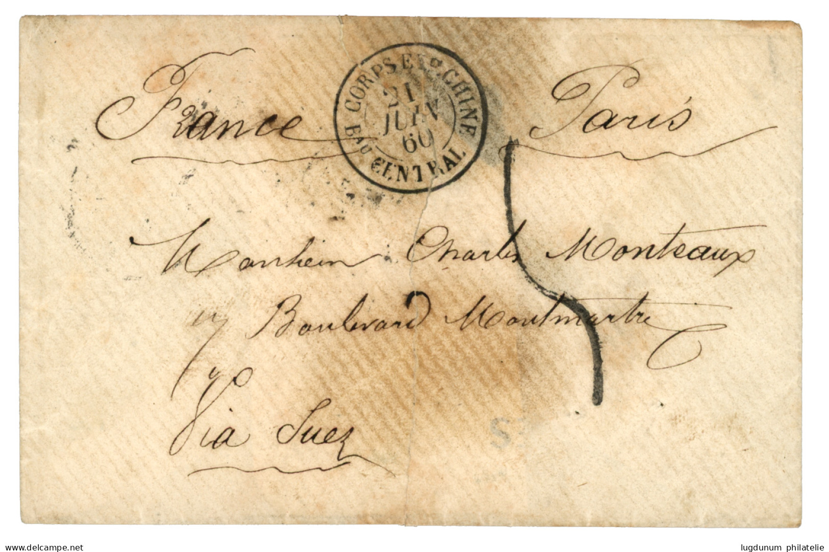 Bureau Central - SHANGHAI : 1860 CORPS EXP. CHINE Bau CENTRAL + Taxe 5 (simple Port Tarif Officier) Sur Enveloppe (déchi - Army Postmarks (before 1900)