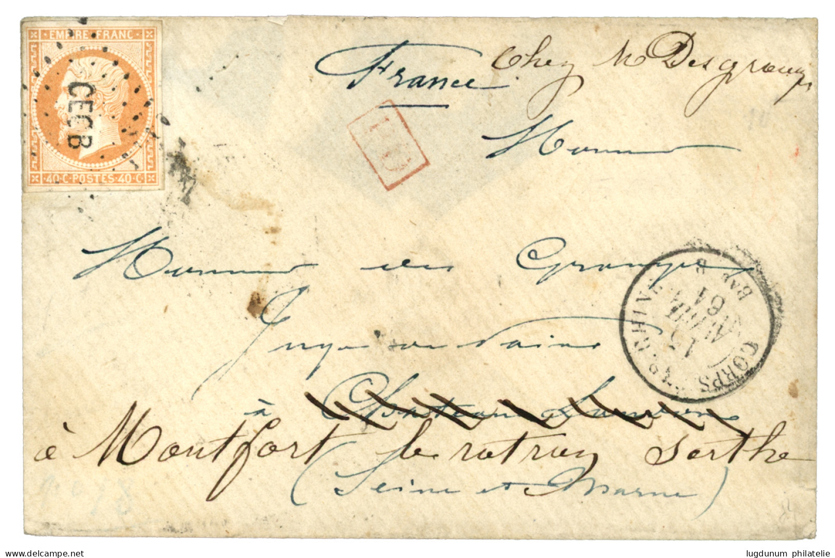 BUREAU B - TIENTSIN (nov 60 à Nov 61): 1861 40c (n°16) TTB Margé Obl. CECB + CORPS EXP. CHINE Bau B Sur Enveloppe (tarif - Army Postmarks (before 1900)