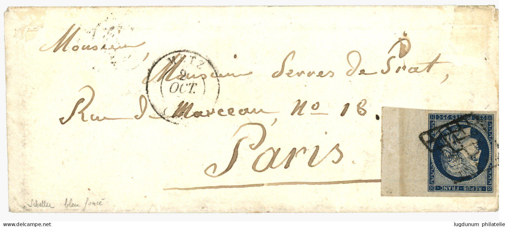 1850 25c CERES (n°4a) Bleu Fonçé Avec Exceptionnel Bord De Feuille Intégral Avec Vernis De Sureté Obl. Grille + T.15 MET - 1849-1850 Ceres