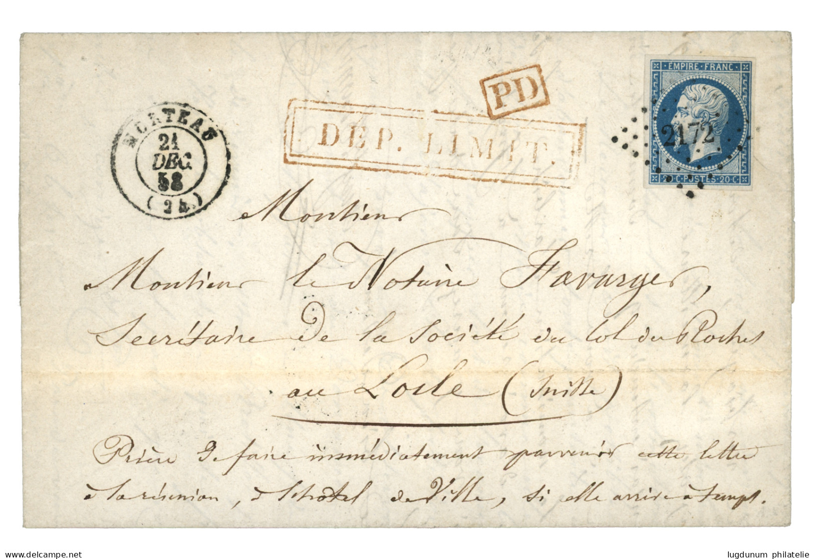 DEPARTEMENT LIMITROPHE : 1858 20c (n°14) TB Margé Obl. PC 2172 + T.15 MORTEAU + Cachet Encadré DEP. LIMIT. Sur Lettre Av - 1853-1860 Napoleon III