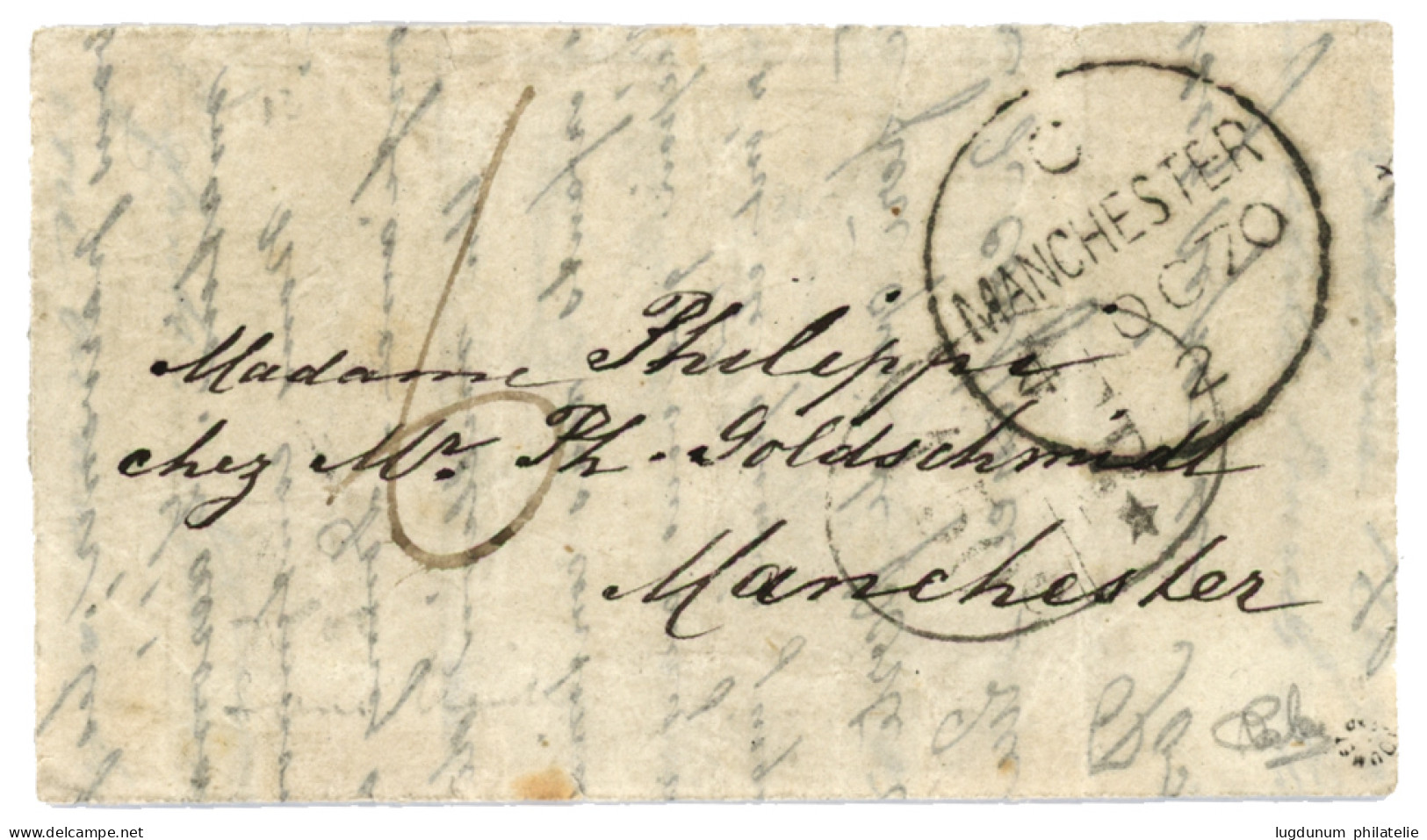 BALLON-MONTE - PLI CONFIE : Marque D' Echange FR/1F50c + Cachet Anglais MANCHESTER 4 OCT 70 + Taxe 6 Sur Lettre Avec Tex - War 1870