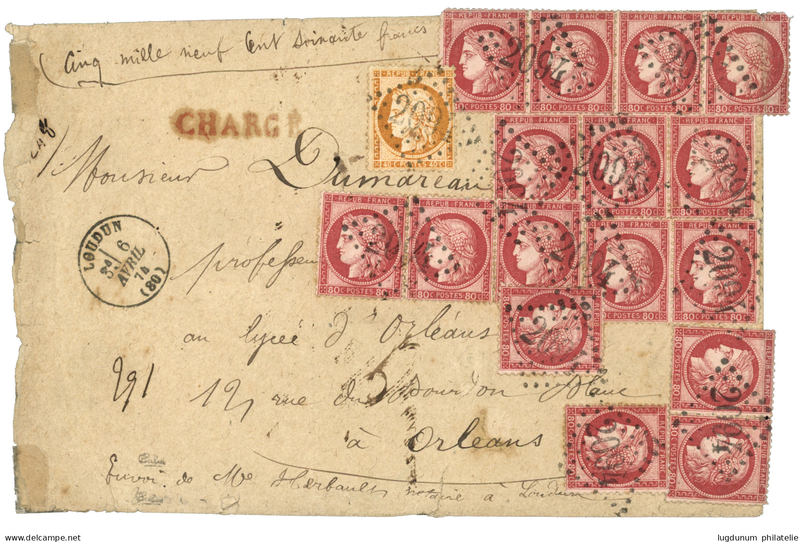 1874 16 Exemplaires Du 80c CERES (n°57) + 40c SIEGE (n°38) Obl. GC 2094 + T.16 LOUDUN Sur Enveloppe CHARGEE (VD=5960F) P - 1871-1875 Ceres