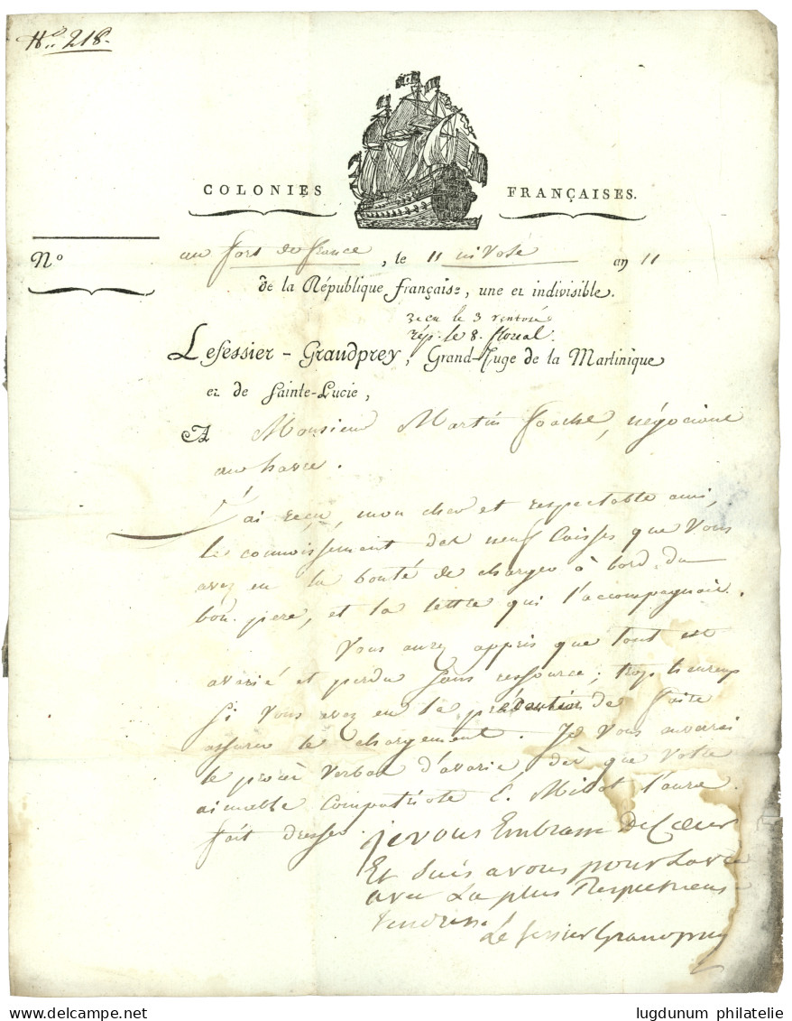 An 11 COLONIES PAR LORIENT Sur Lettre Avec Magnifique Entête Illustrée D' Un NAVIRE De GUERRE, Daté De FORT DE FRANCE Po - Maritime Post