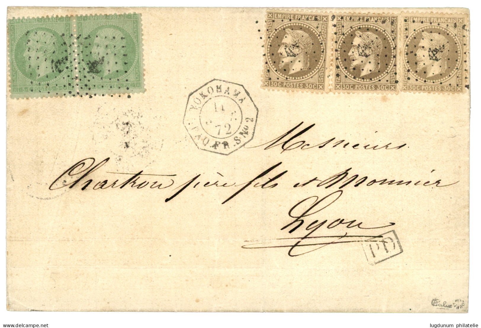 LIGNE S : 1872 Paire 5c Vert Pâle Sur Bleu (n°35) + 30c (n°30)x3 Obl. ANCRE + YOKOHAMA PAQ. FR. S N°2 Sur Lettre Pour LY - 1849-1876: Classic Period