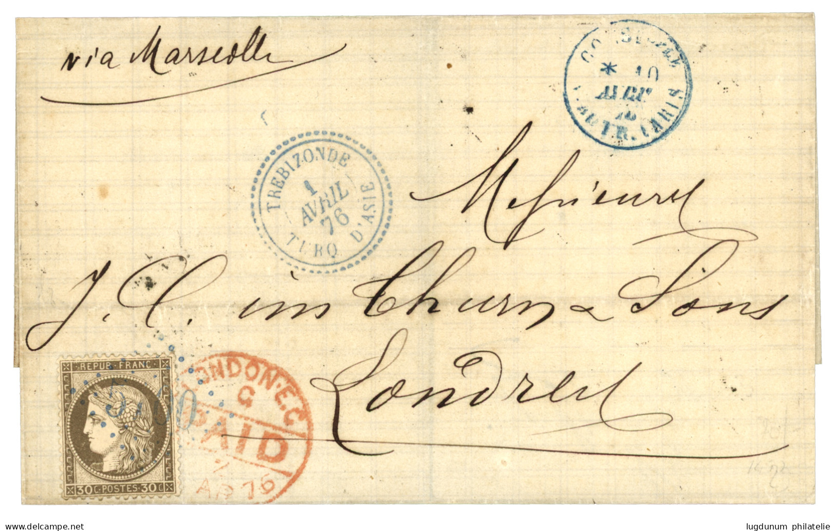 TREBIZONDE Voie D' AUTRICHE : 1876 30c CERES Obl. GC 5100 En Bleu + TREBIZONDE TURQ. D' ASIE + Cachet D' Entrée CONSTple - 1849-1876: Période Classique