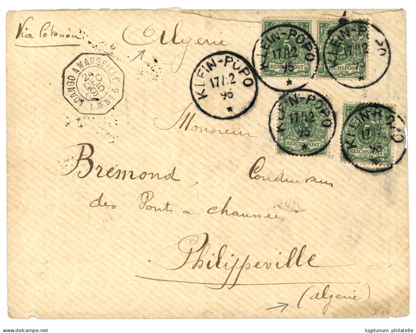 BENIN : 1895 ALLEMAGNE 5pf (x4) Obl. KLEIN-POPO Sur Enveloppe Avec Texte Daté "PETIT POPO" Pour PHILIPEVILLE (ALGERIE).  - Sonstige & Ohne Zuordnung