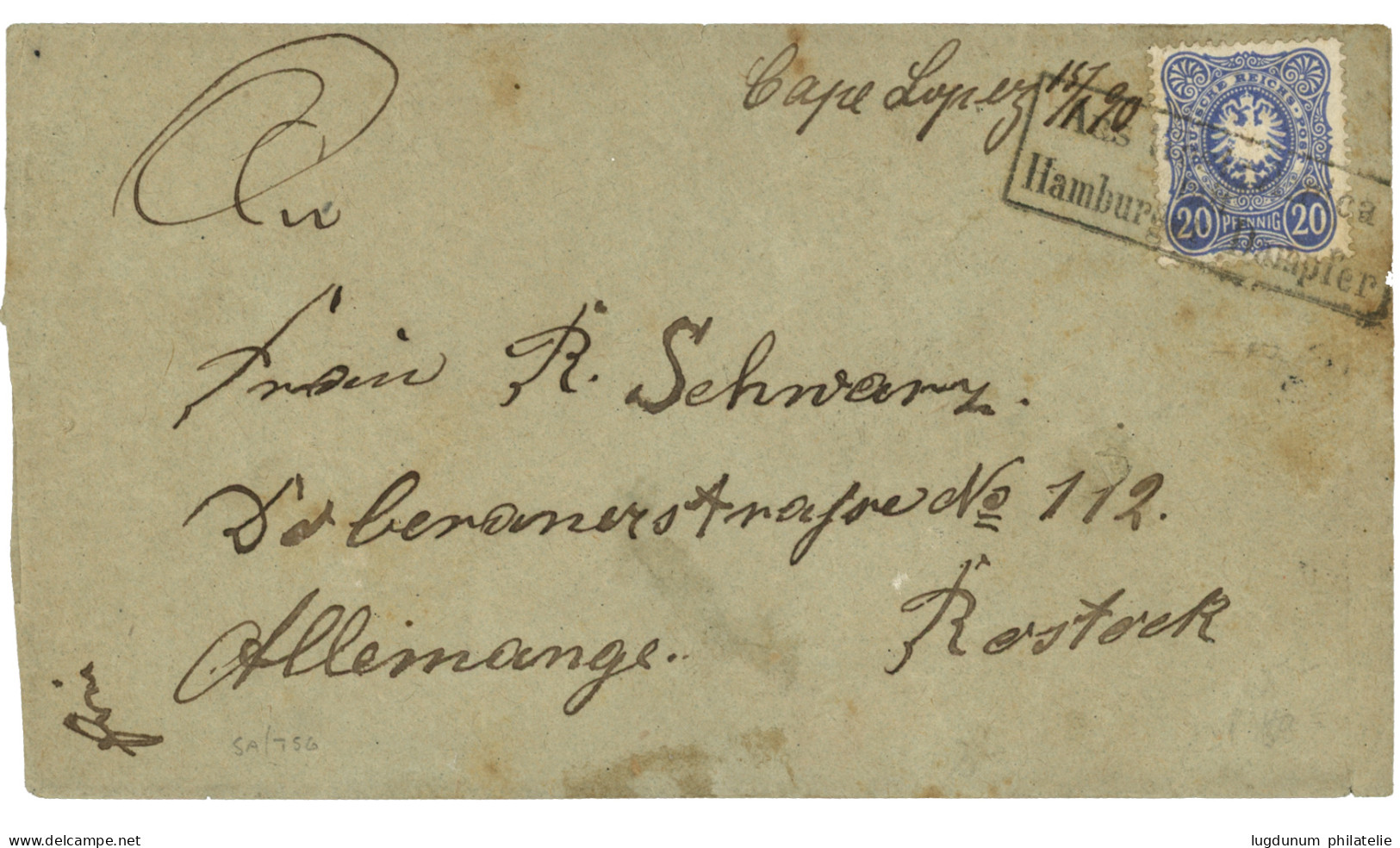 CONGO - GERMAN PAQUEBOT : 1890 ALLEMAGNE 20pf Obl. AUS WESTAFRIKA  Mit HAMBURGER DAMPFER + "CAPE LOPEZ 15/1 90" Sur Lett - Other & Unclassified