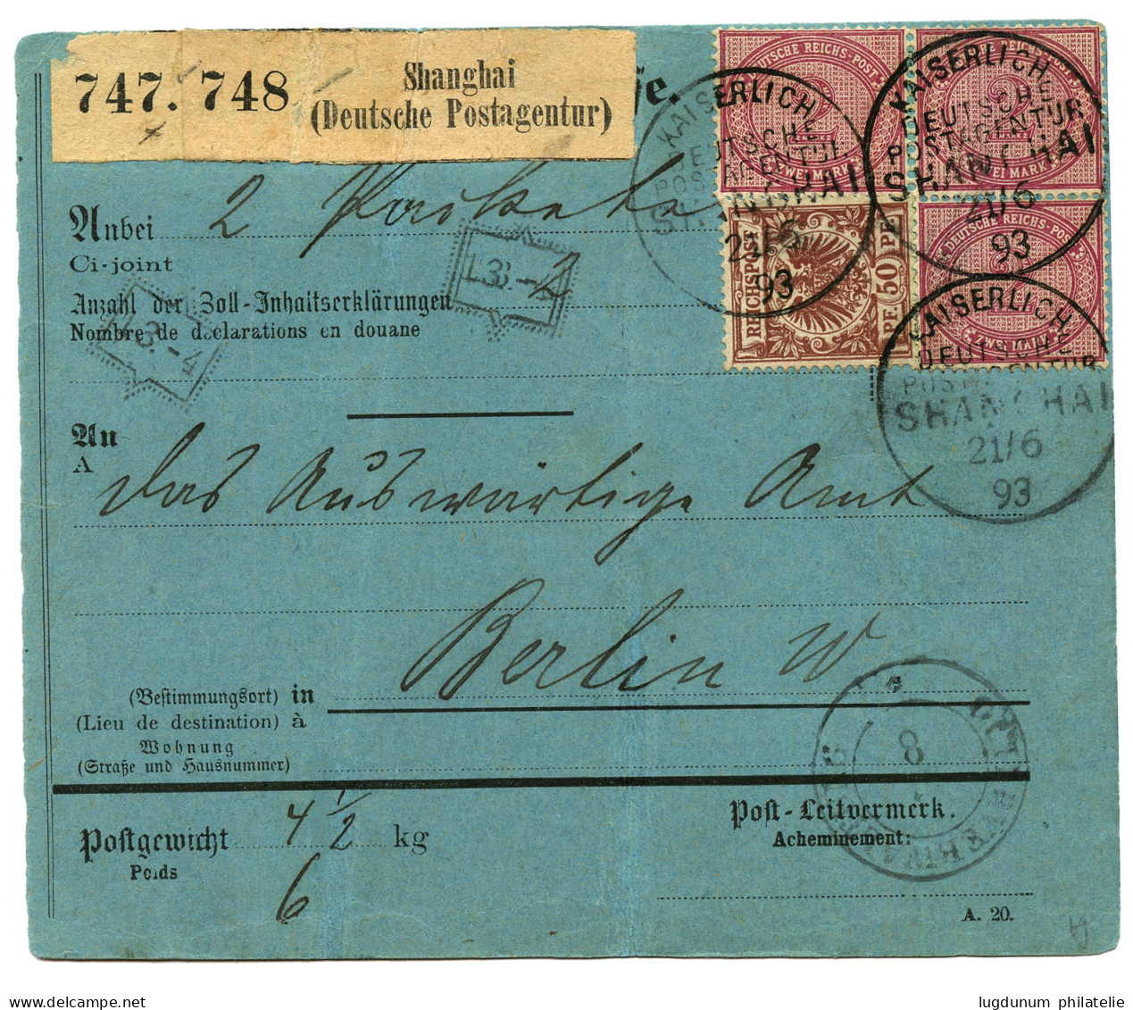 CHINA - VORLAUFER : 1893 2 MARK  (v37) Bloc Of 3 + 50pf (v50) + Verso 50pf (v50) + Strip Of 4 20pf (v48) Canc. SHANGHAI  - China (offices)