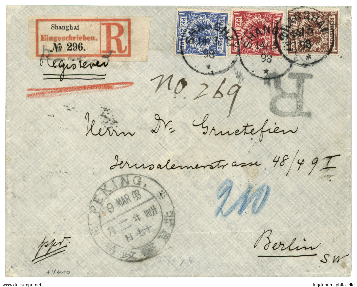 CHINA - VORLAUFER : 1898 10pf  (v47) + 20pf (v48) + 50pf (v50) Canc. SHANGHAI + Chinese Cachet PEKING On REGISTERED Enve - China (kantoren)