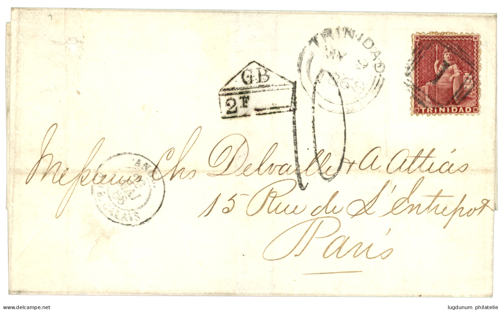 TRINIDAD : 1868 1p Red Canc. I + TRINIDAD + GB/2F + 10 Tax Marking On Entire To FRANCE. Rare Combination Of Superb Quali - Trinidad & Tobago (...-1961)