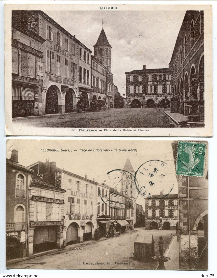 LOT 2 CP FLEURANCE Place De La Mairie Et Clocher (1946) & Place De L'Hôtel De Ville Côté Nord (1909) - Fleurance