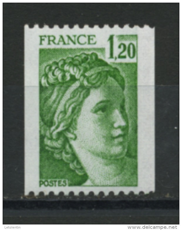 FRANCE -  1F20 Vert SABINE N° ROUGE AU DOS  -  N° Yvert 2103a** PAPIER GRIS SOUS UV - 1977-1981 Sabine Van Gandon