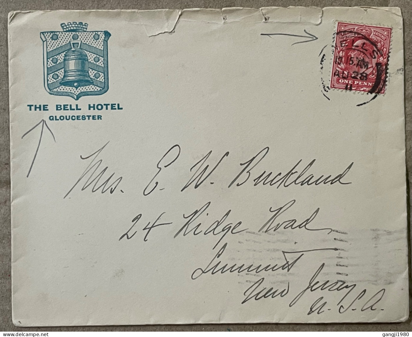 GREAT BRITAIN 1911, ADVERTISING THE BELL HOTEL GLOUCESTER, EDWARD STAMP, COVER USED TO USA, WELLS & SUMMIT CITY CANCEL. - Covers & Documents