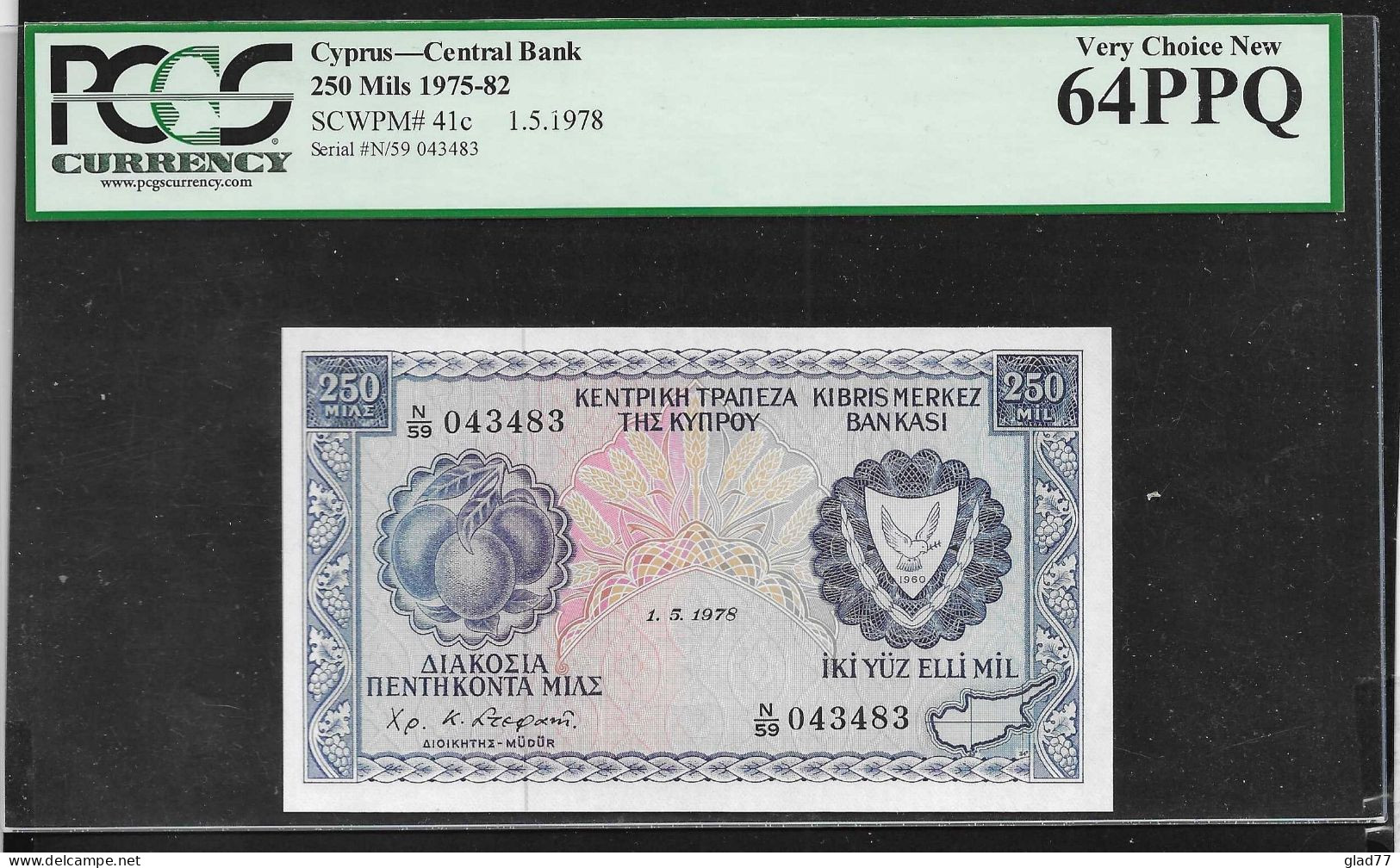 Cyprus  250 MIL 1.5.1978 PCGS Banknote 64 PPQ (Perfect Paper Quality) Very Choice UNC! Rare!! - Cipro