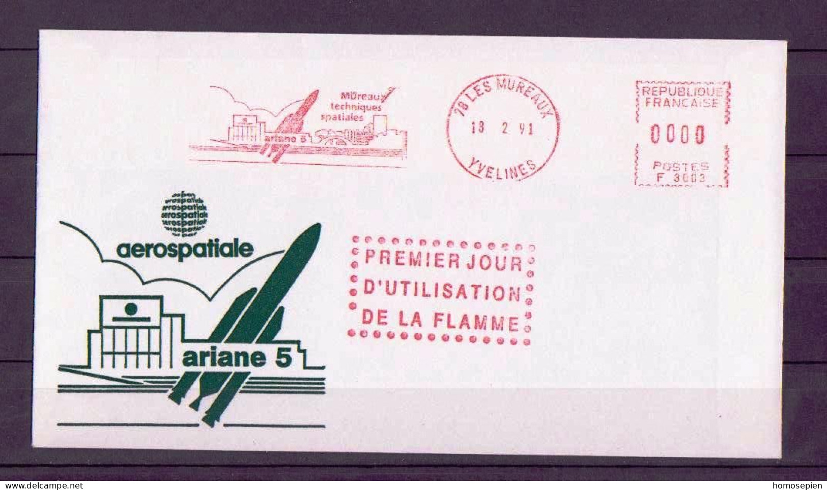 France - Frankreich LTC 1991 02 18 Y&T N°EMA1991 02 18 - Michel N°BFS1991 02 18 - 1er Jour Flamme Ariane 5 Aux Mureaux - Briefe U. Dokumente