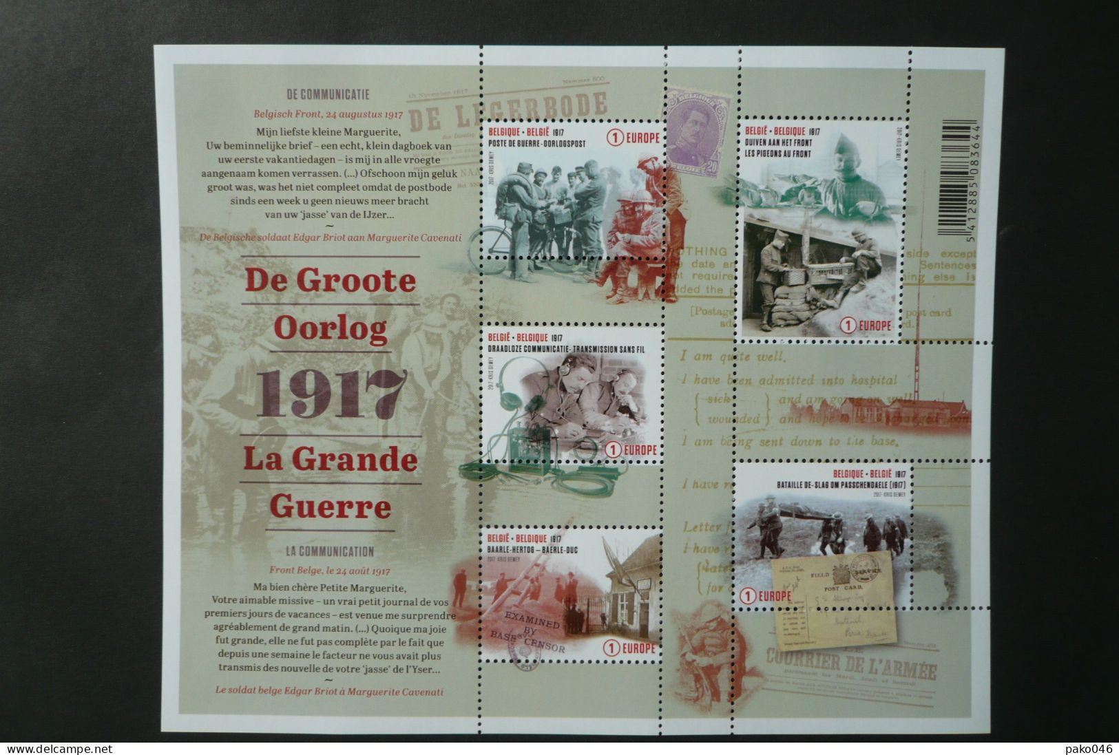 COB. BL 256** Neuf – 2017 – La Grande Guerre – La Communication. - Bloc De 5  Timbres  - COB N°4722/4726 - 2002-… (€)