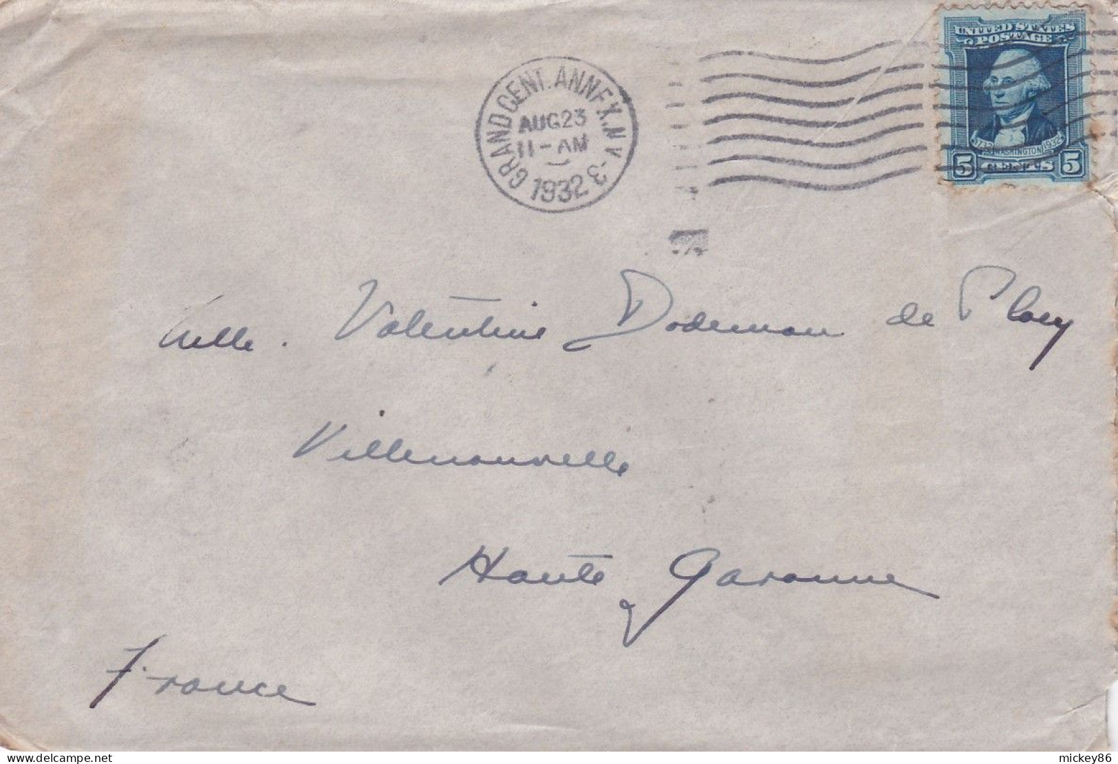 Etats-Unis --1932--lettre GRAND CENT ANNF X (N.Y) Pour VILLENOUVELLE (France).timbre,cachet Mécanique Muet 23 AUG 1932 - Cartas & Documentos