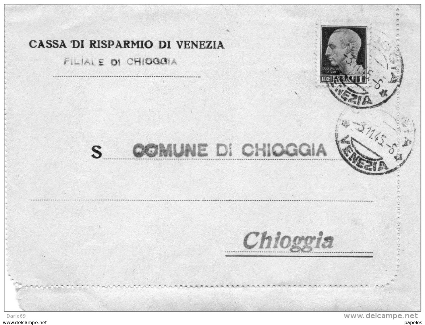 1945    LETTERA  CON ANNULLO CHIOGGIA VENEZIA - Marcofilie