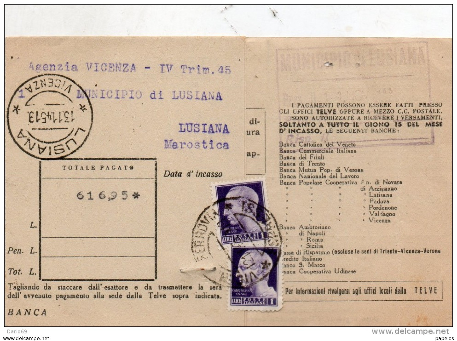 1945 CARTOLINA CON ANNULLO LUSIANA VICENZA - Marcophilia