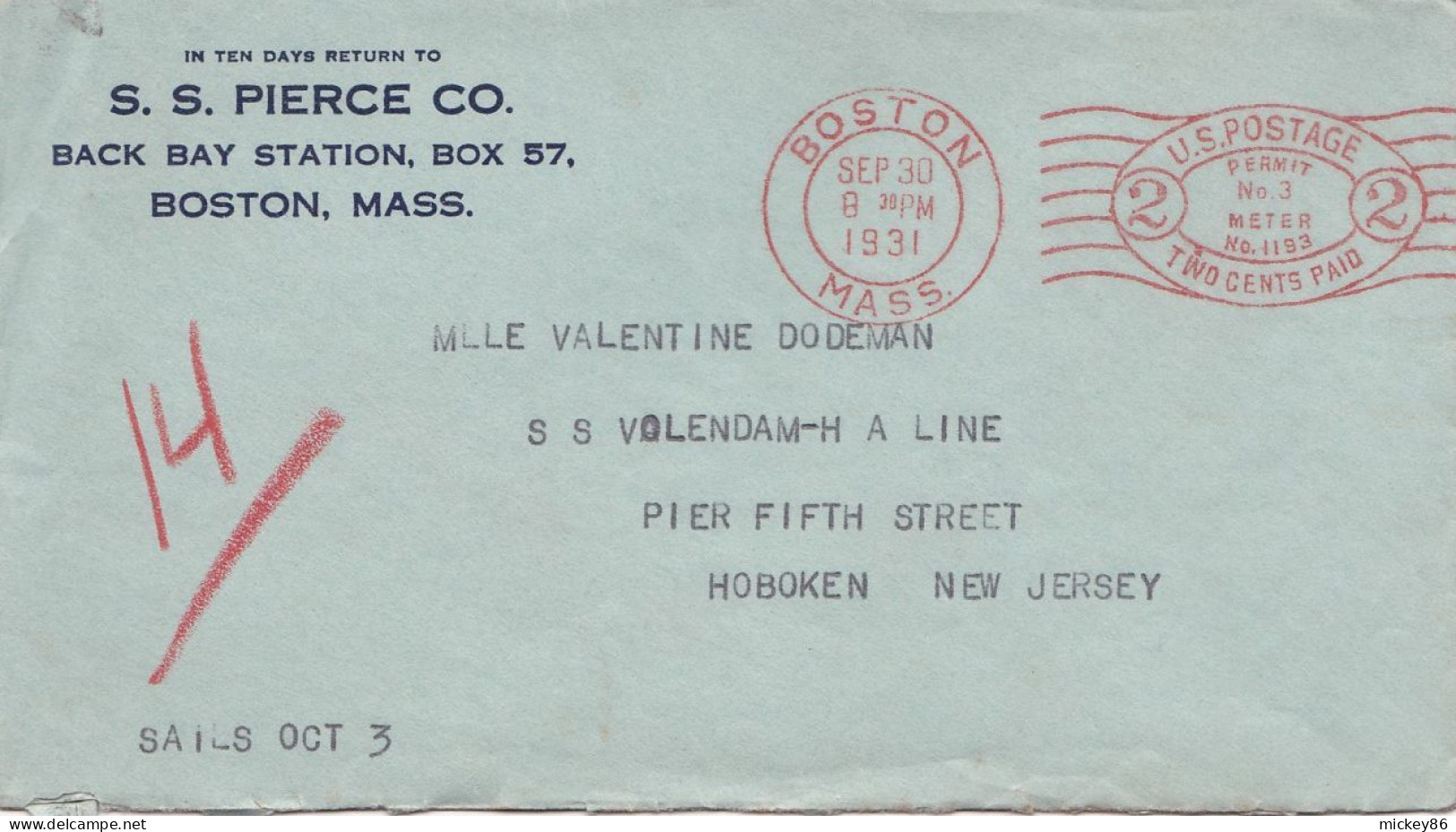 Etats-Unis-1931-lettre BOSTON (Mass) Pour HOBOKEN (NJ).Belle Empreinte Machine à Affranchir  30 SEP 1931--SS PIERCE CO - Covers & Documents