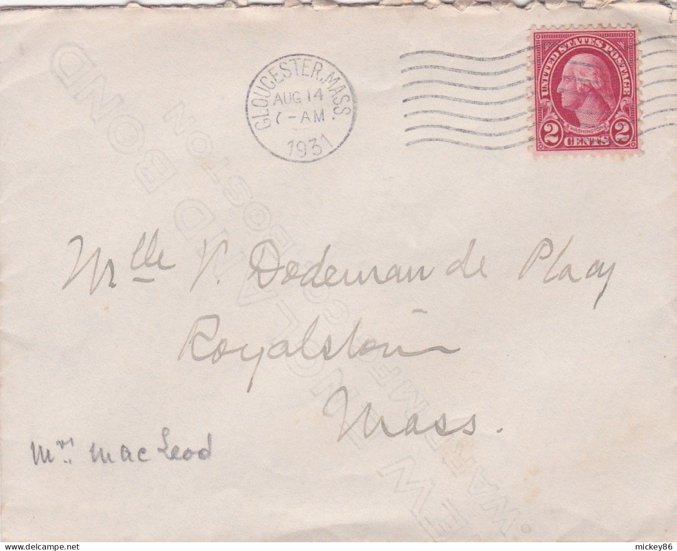 Etats-Unis-1931-lettre GLOUCESTER (Mass) Pour ROYALSTON.timbre,cachet 14 AUG 1931-- - Cartas & Documentos