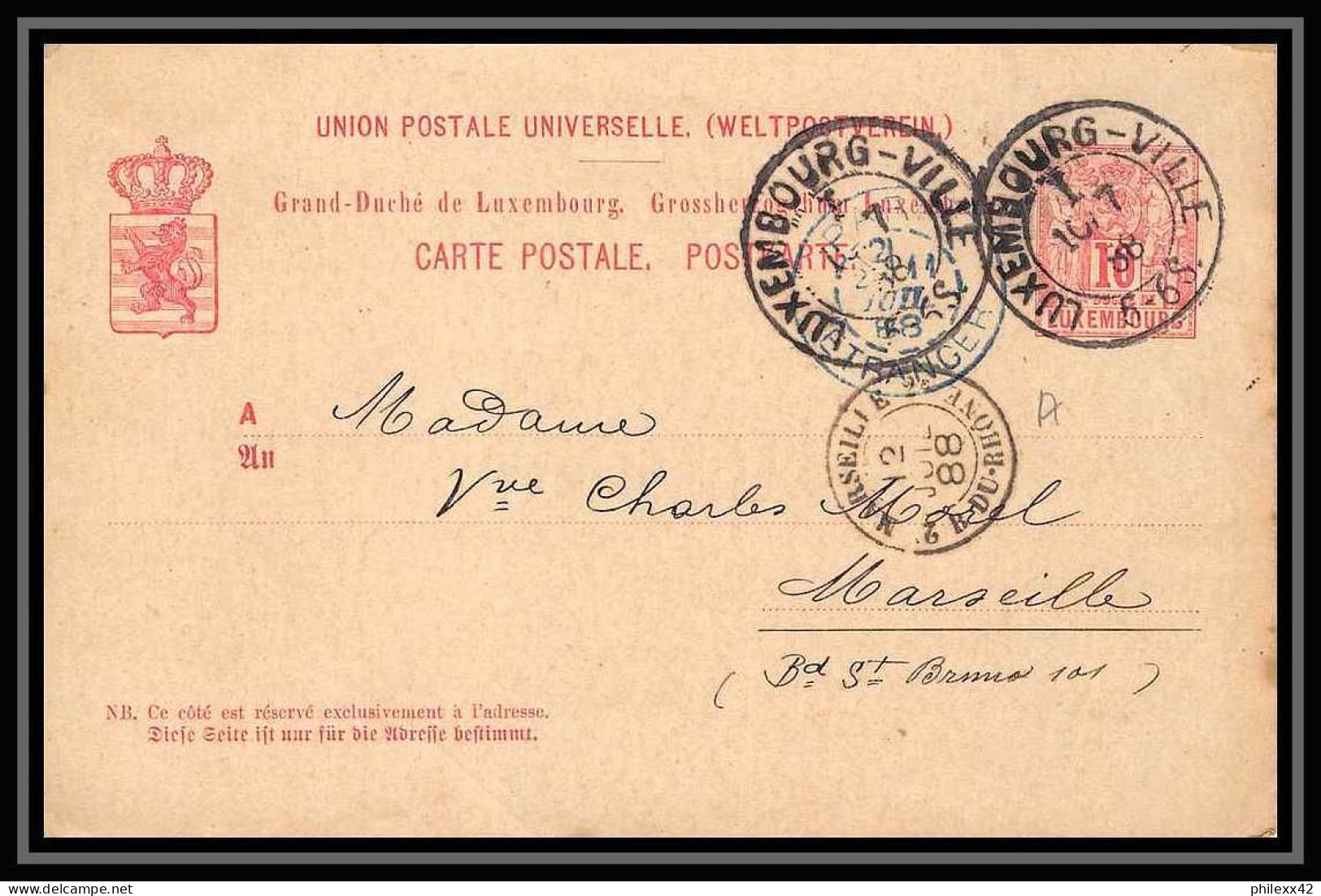 113986/ Entier Postal (Stationery) Luxembourg (luxemburg) Bouches Du Rhone 1888 Marseille Par Paris étranger - Proeven & Herdrukken