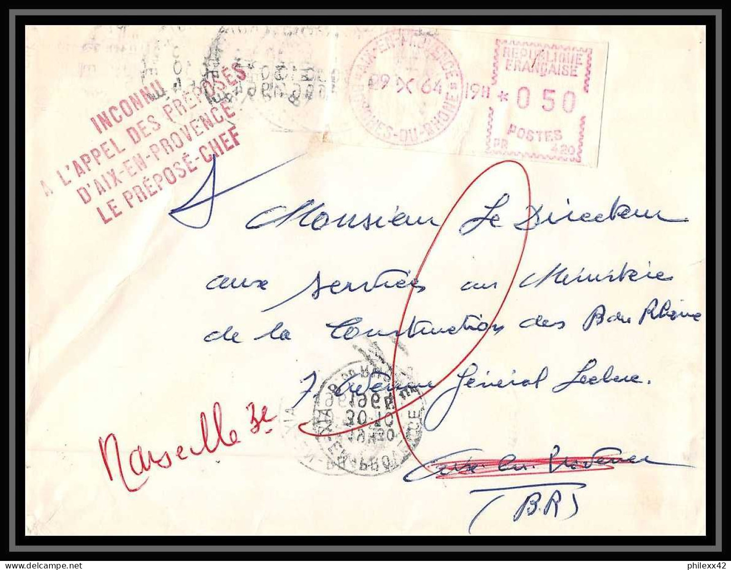 Lettre-110517 Bouches Du Rhone Distributeur Retour à L'envoyeur Inconnu à L'appel Aix-en-Provence 29/10/1964 Flamme - Cartas & Documentos