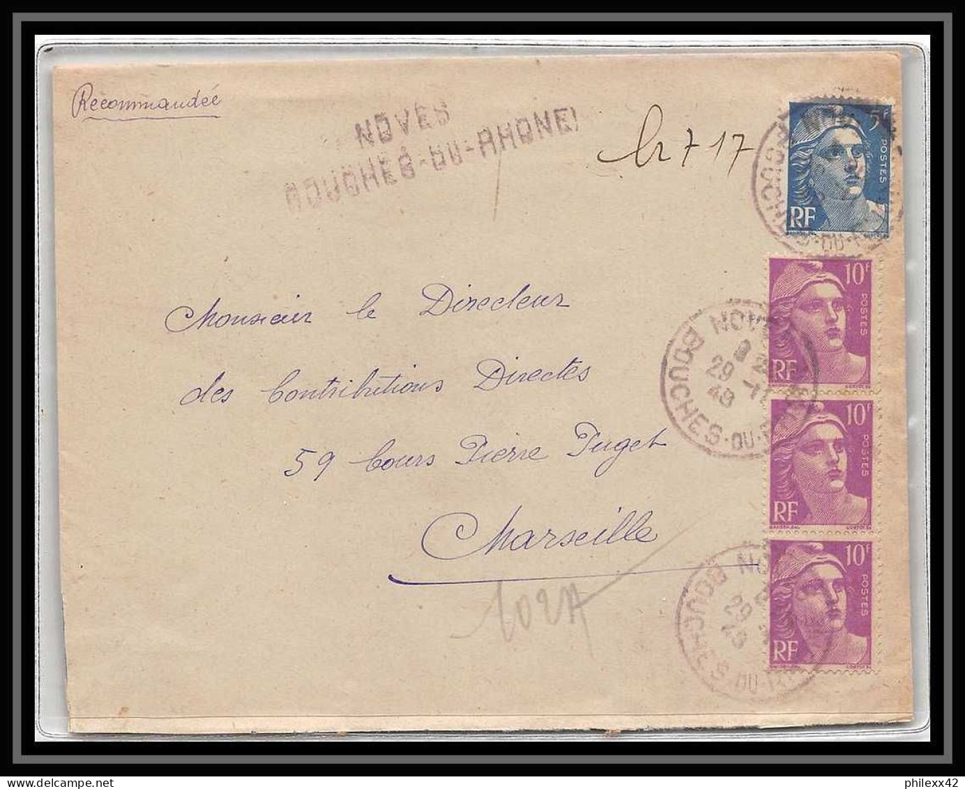 Lettre-112463 Bouches Du Rhone Gandon 35f Recommandé Provisoire Noves Pour Marseille 29/11/1949 - Temporary Postmarks