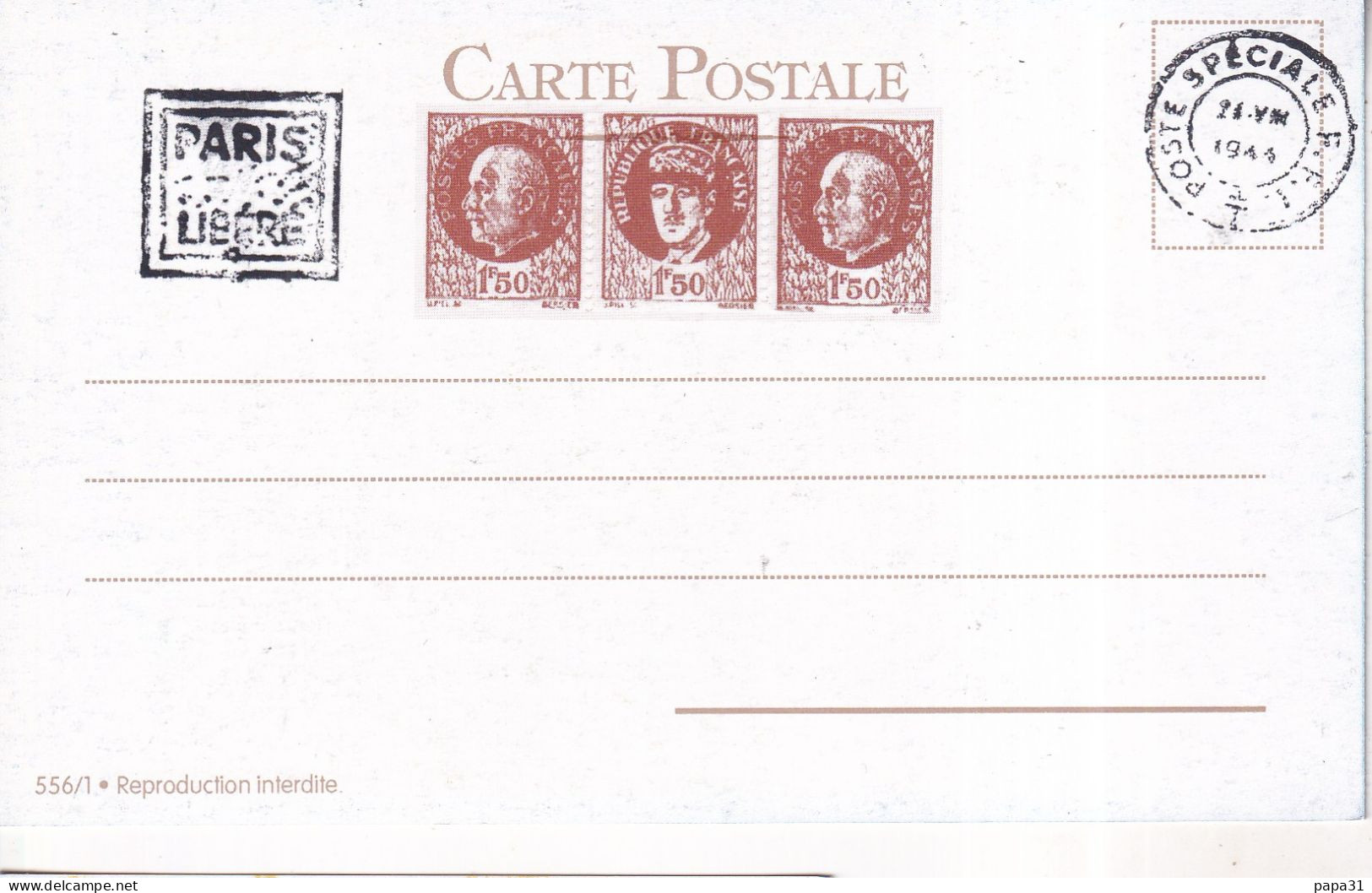 France.Entier Postal Général De Gaulle Et Pétain  Sur Carte  Postale  " ESCADRILLE " NORMANDIE-NIEMEN " - Altri & Non Classificati