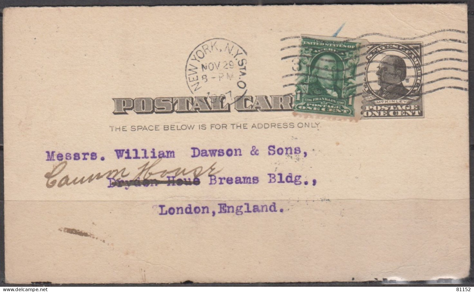 U.S.A. ENTIER Pub   One Cent Sur CPA  + Complément One Cent   De NEW-YORK   Le 29  Nov 1907 Pour LONDON G.B. - 1901-20