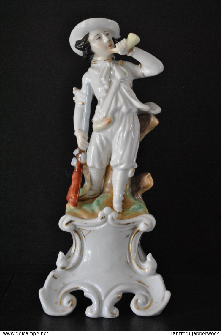 Statuette Chasseur Fusil Cor De Chasse Porcelaine Polychrome XIXè Vieil Andenne Vieux Bruxelles Paris Porte Plume Encens - Other & Unclassified