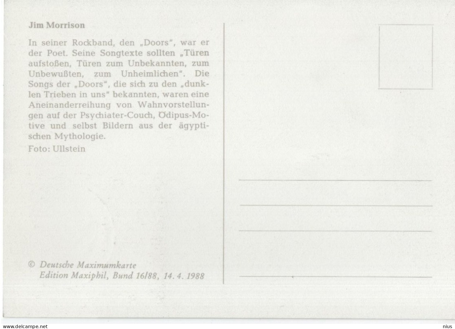 Germany Deutschland 1988 Maximum Card, Jim Morrison, Music Musik, Canceled In Bonn - 1981-2000