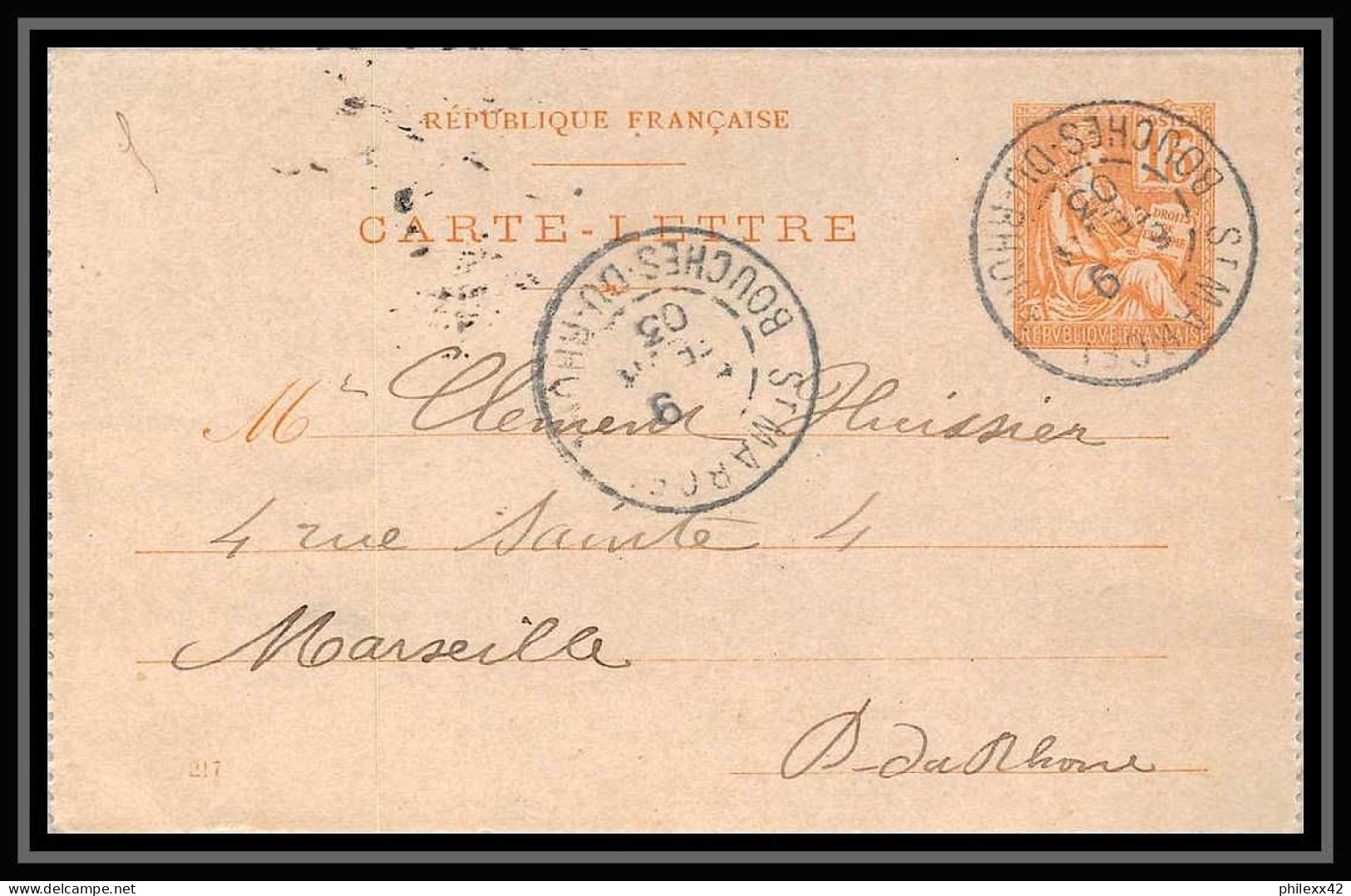 107598 Carte Lettre Entier Postal Stationery Bouches Du Rhone Mouchon 15c Marseille Saint Marcel 1903 - Kartenbriefe