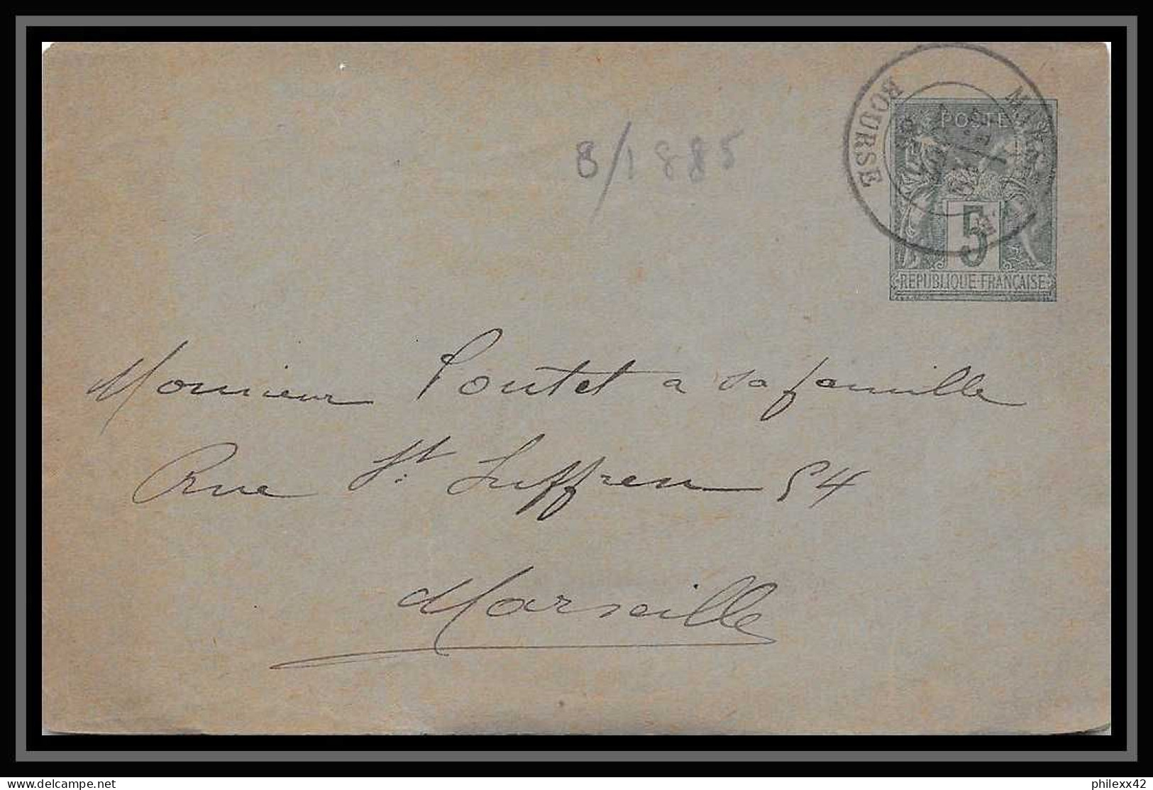 108963 Lsc Enveloppe Cover Entier Postal (Stamped Stationery) Bouches Du Rhone 5c Sage 1885 Marseille Bourse - Standard Covers & Stamped On Demand (before 1995)