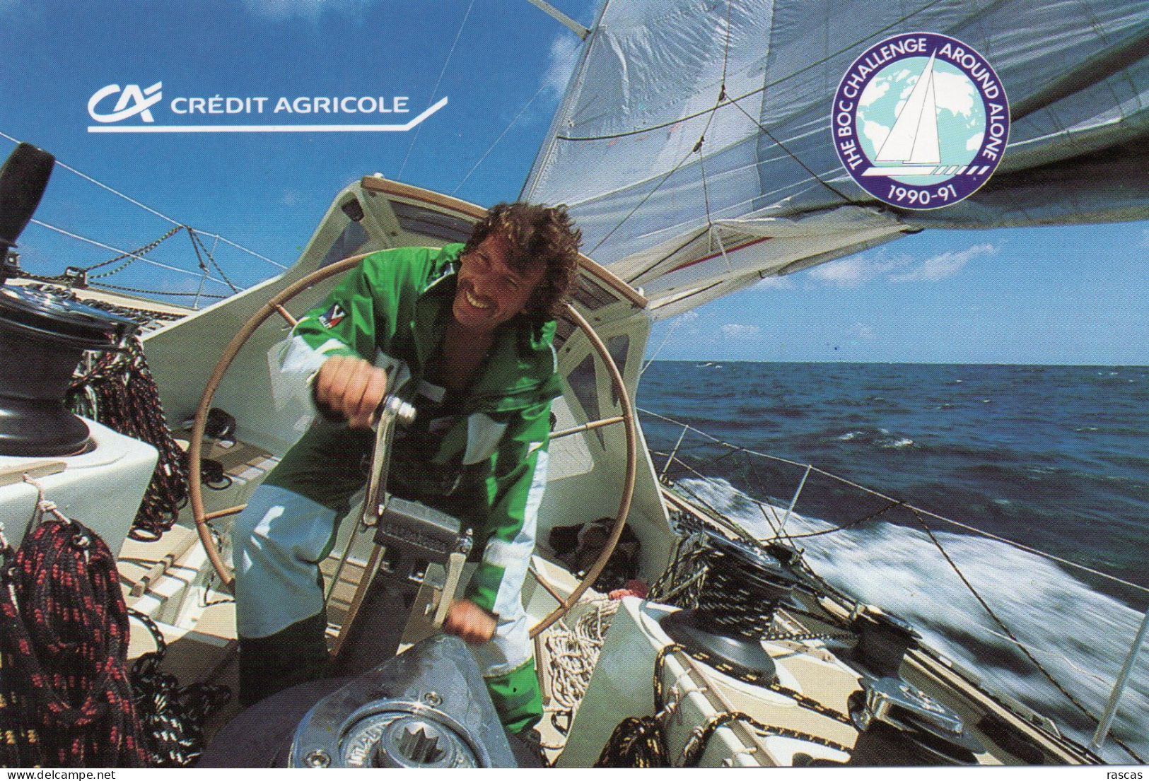 VOILE - PHOTO DEDICACEE AU DOS DU NAVIGATEUR FRANCAIS PHILIPPE JEANTOT SUR CREDIT AGRICOLE - BOC CHALLENGE 1990 - Voile