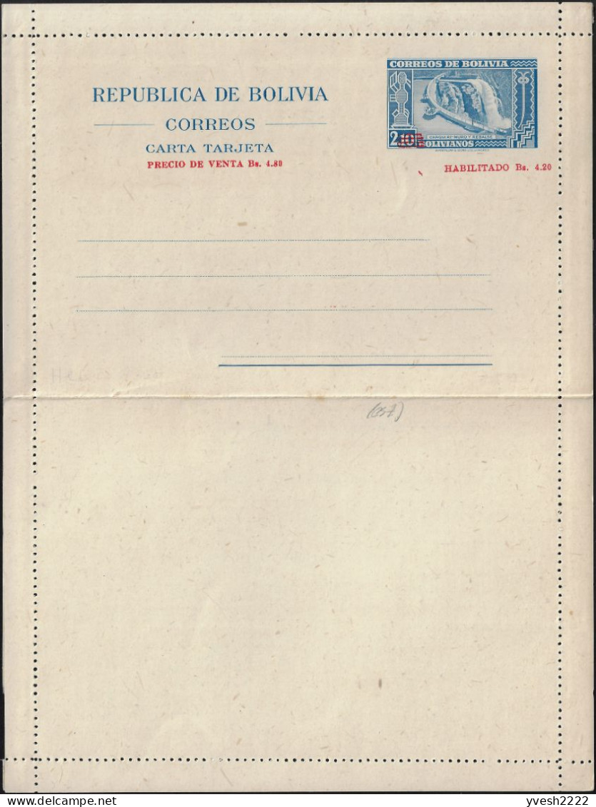 Bolivie 1946. 2 Entiers Postaux Non émis, Surchargés. Barrage De Chaquiri. Carte-lettre Et Enveloppe - Water