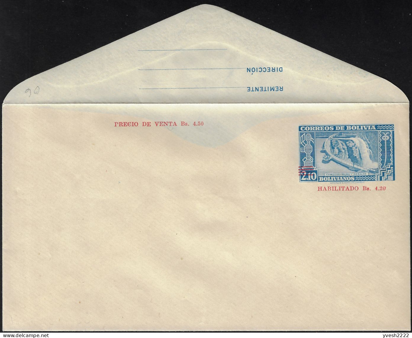 Bolivie 1946. 2 Entiers Postaux Non émis, Surchargés. Barrage De Chaquiri. Carte-lettre Et Enveloppe - Wasser