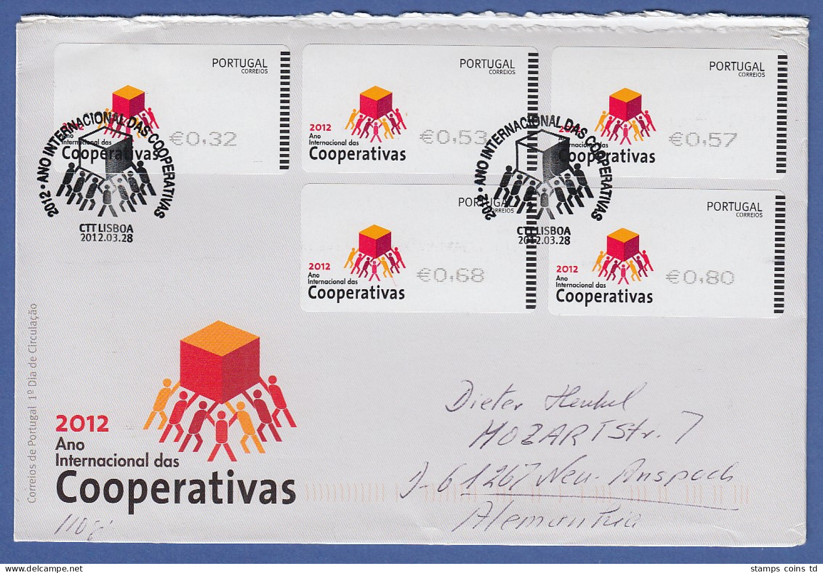 Portugal ATM 2012 Mi.-Nr. 78.1 Satz 32-53-57-68-80 Auf FDC Nach Deutschland - Timbres De Distributeurs [ATM]