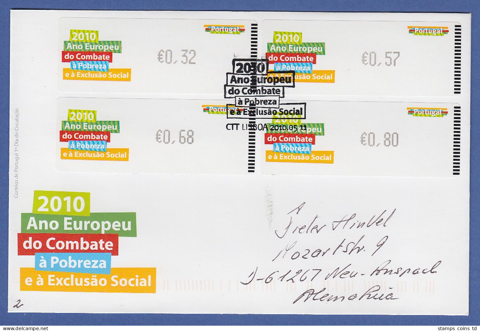 Portugal ATM 2010 Mi.-Nr 71.1 Satz 32-57-68-80 Auf Gel. FDC Nach D - Viñetas De Franqueo [ATM]