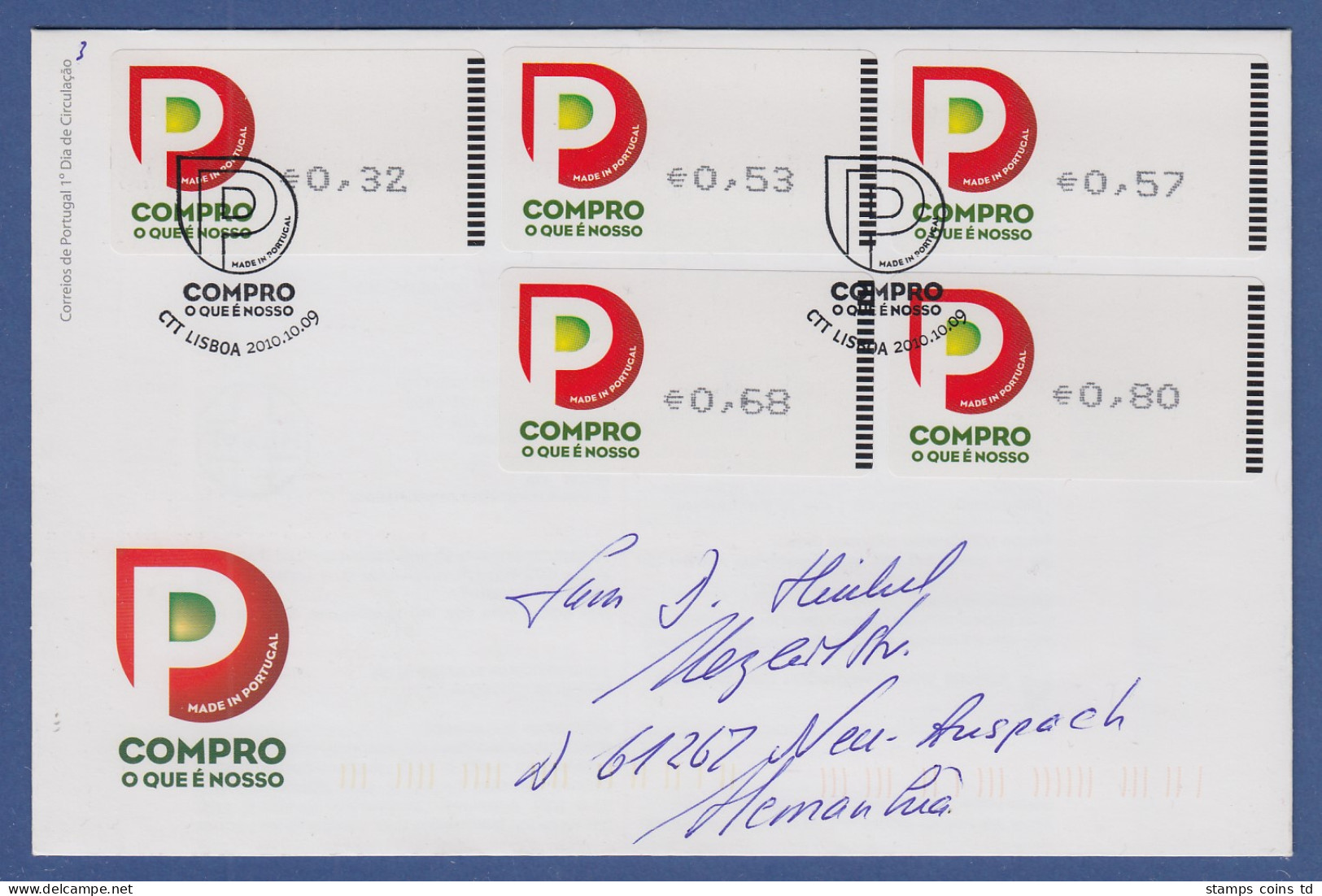 Portugal ATM 2010 Mi.-Nr 72.2 Satz 32-53-57-68-80 Auf Gel. FDC Nach D - Timbres De Distributeurs [ATM]