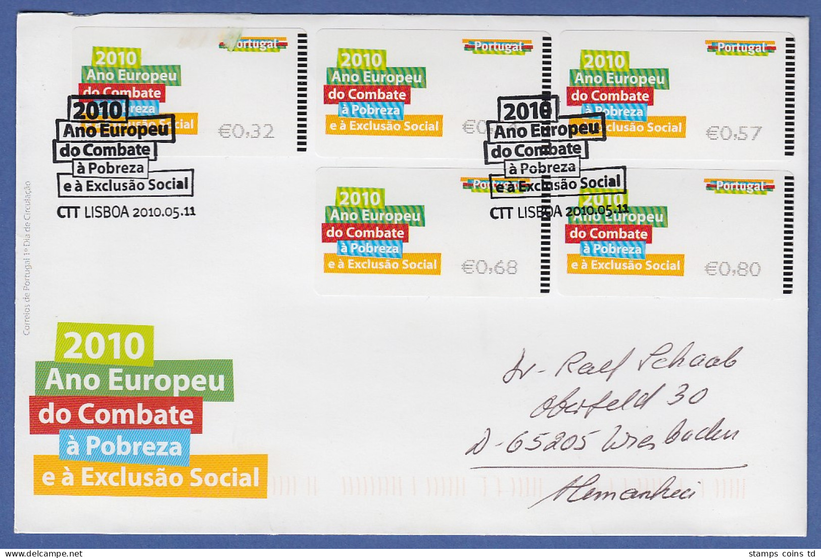 Portugal ATM 2010 Mi.-Nr 70.3 Satz 32-53-57-68-80 Auf Gel. FDC Nach D - Timbres De Distributeurs [ATM]