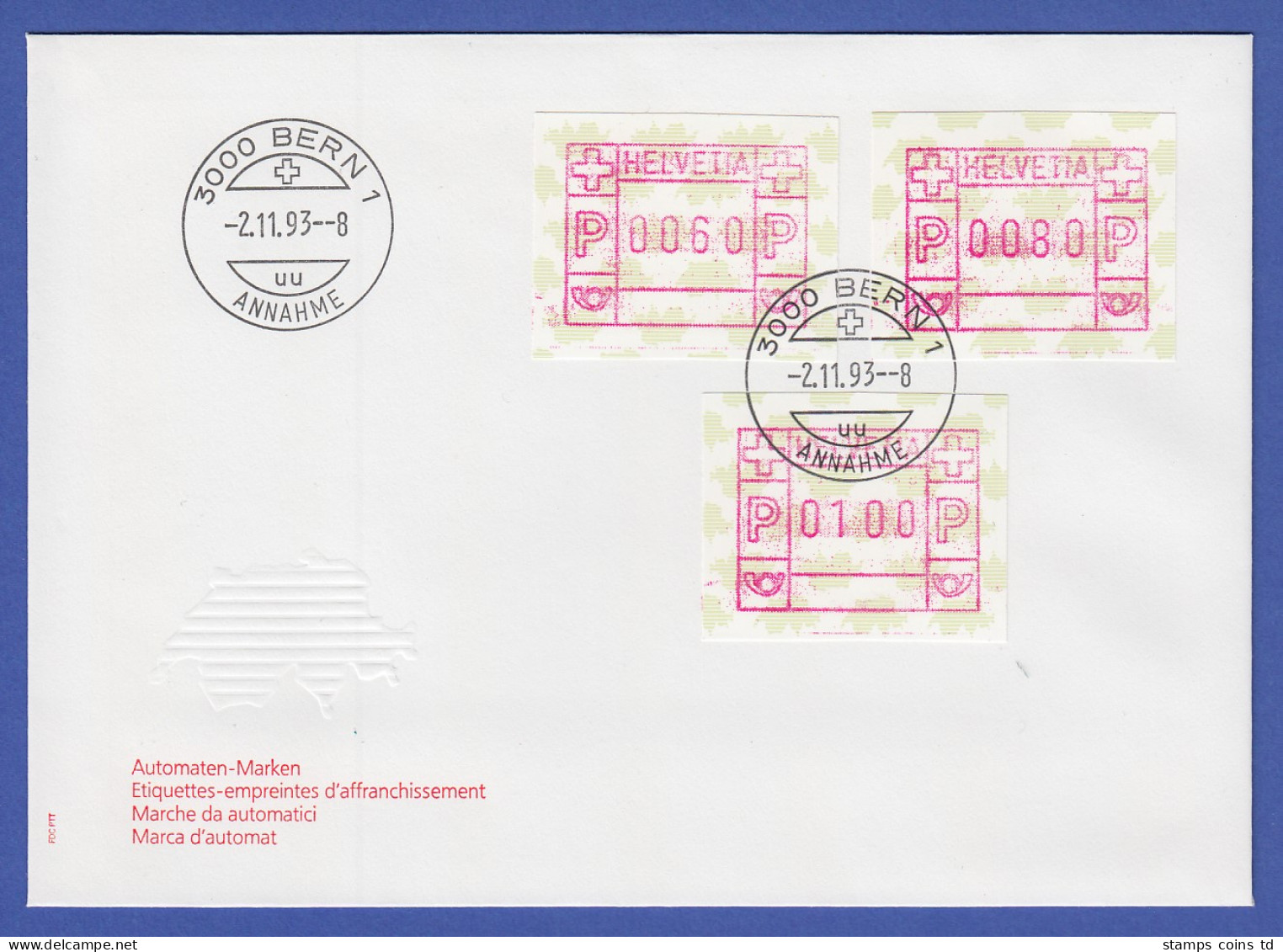 Schweiz 1993, FRAMA-ATM Landkarte Der Schweiz Grün, Mi-Nr. 5 Satz 60-80-100 FDC - Sellos De Distribuidores