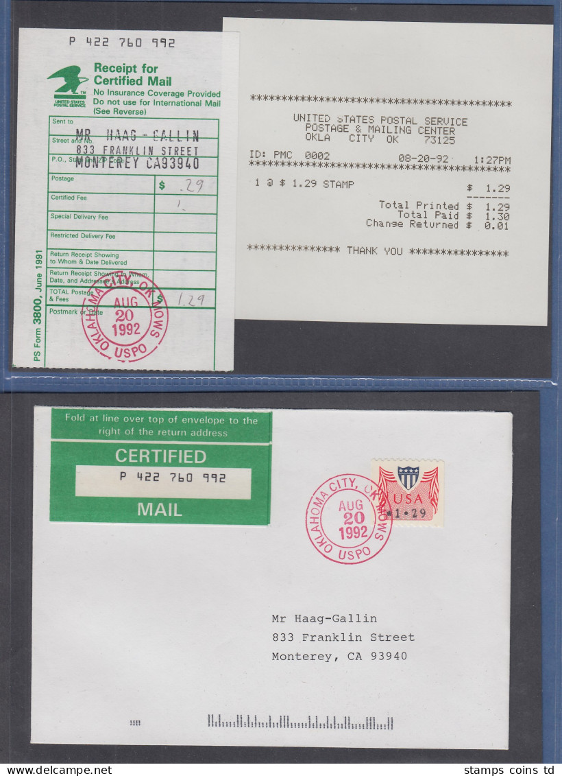 USA 1992 PMC Gard-ATM 1,29$ Auf Certified-FDC Oklahoma 20.8.92,  ET-Quittung ! - Other & Unclassified