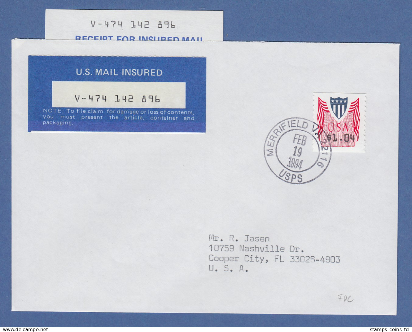 USA PMC Unisys ATM Wert 1,04 $ Auf Insured-FDC MERRIFIELD VA 19. FEB.1994 - Other & Unclassified