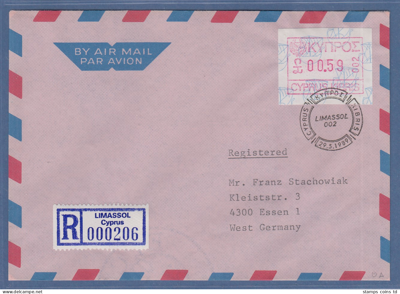 Zypern Frama-ATM 1989 Aut.-Nr.002 Aus OA Wert 0.59 Auf R-Brief N. Deutschland - Other & Unclassified