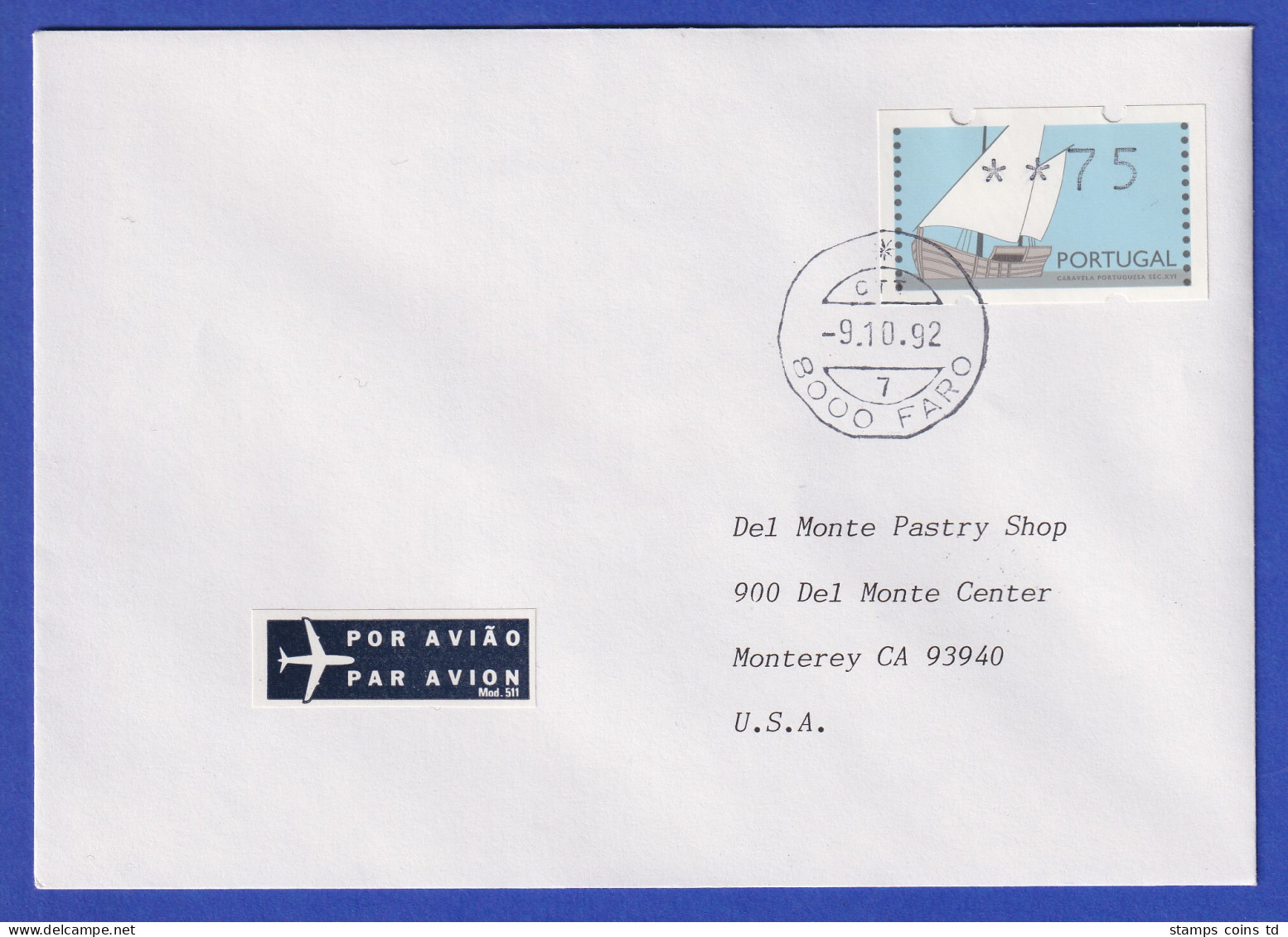 Portugal 1992 ATM Caravelle Wert 75 Auf FDC In Die USA - Automatenmarken [ATM]