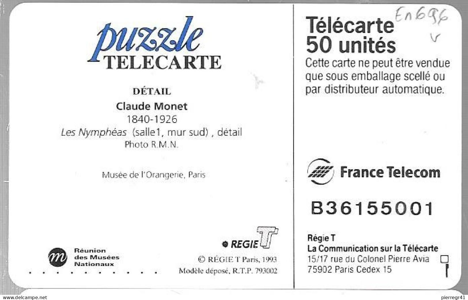 CARTE-PUCE-PRIVEE-PUBLIC-50U-EN696-GemA-08/93-NIVEA-NYMPHEAS De MONET-V°B36155001-UTILISE-TBE-/LUXE - 50 Einheiten