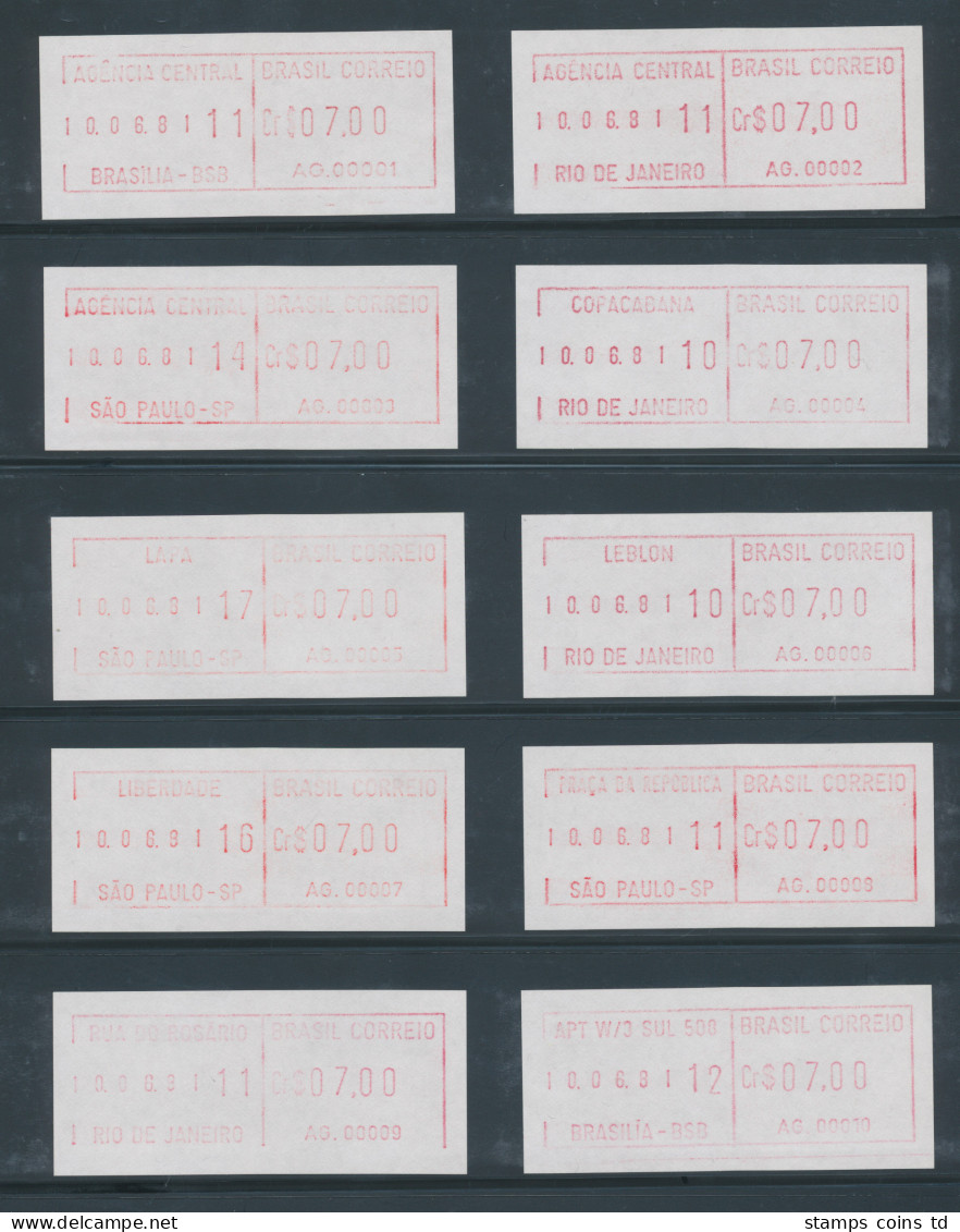 Brasilien FRAMA Schalterwertzeichendrucker-ATM AG.00001-AG00010 Kpl. Serie (VS)  - Franking Labels